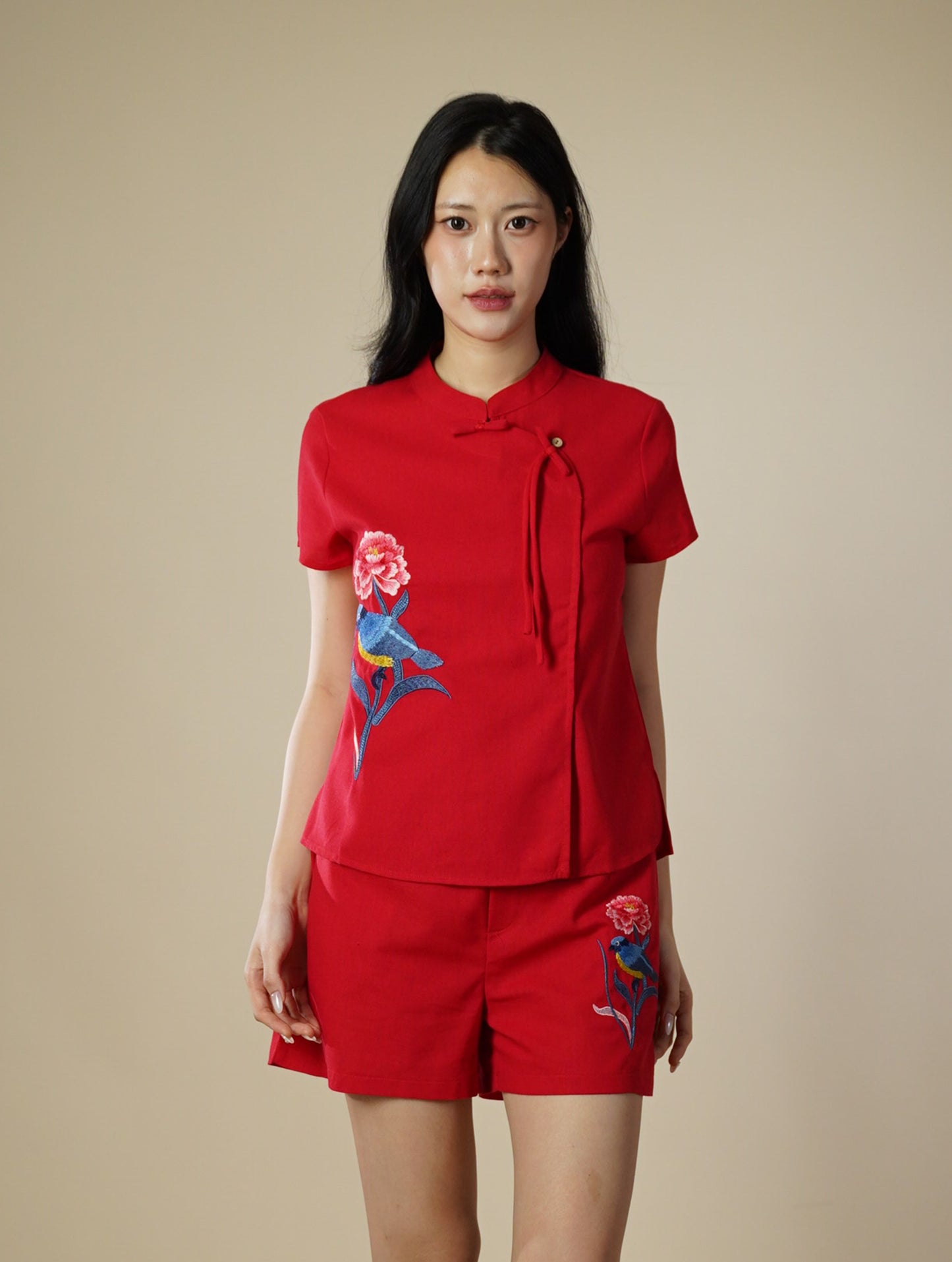Embroidered Mandarin Collar Ribbon Short Sleeve Top
