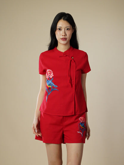 Embroidered Mandarin Collar Ribbon Short Sleeve Top