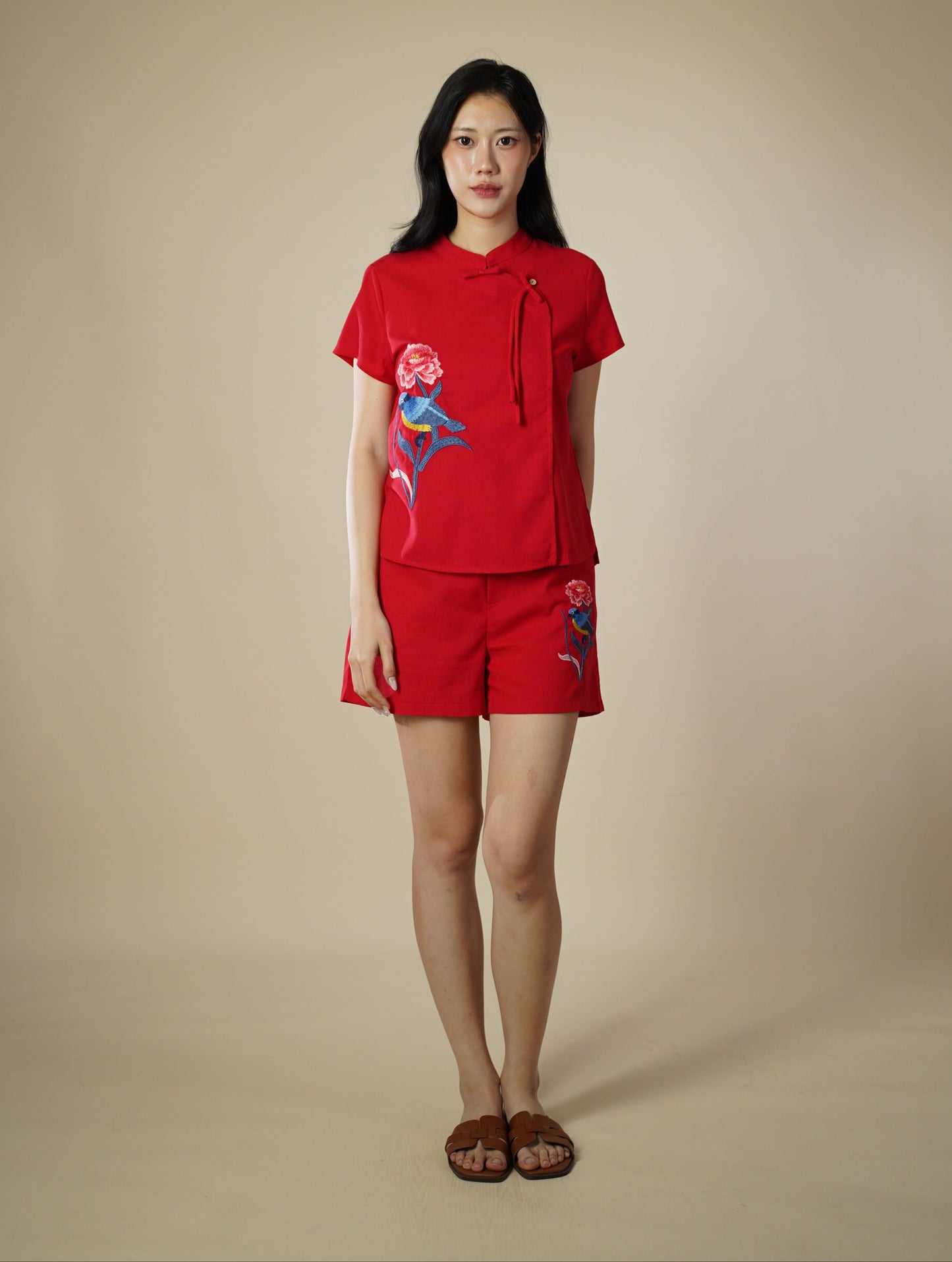 Embroidered Mandarin Collar Ribbon Short Sleeve Top