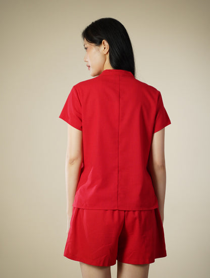 Embroidered Mandarin Collar Ribbon Short Sleeve Top