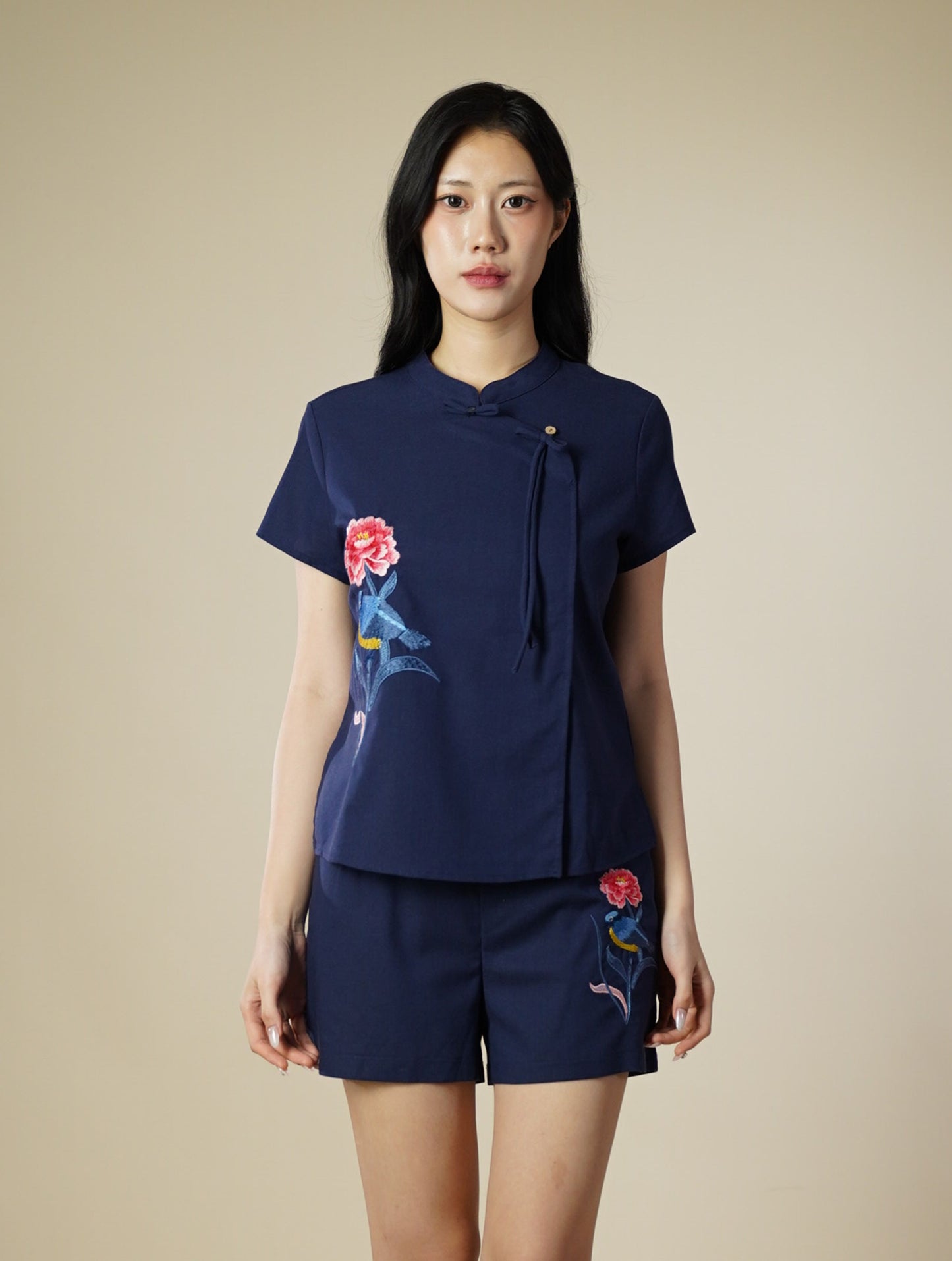 Embroidered Mandarin Collar Ribbon Short Sleeve Top