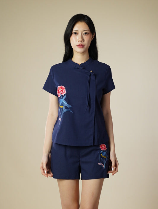Embroidered Mandarin Collar Ribbon Short Sleeve Top