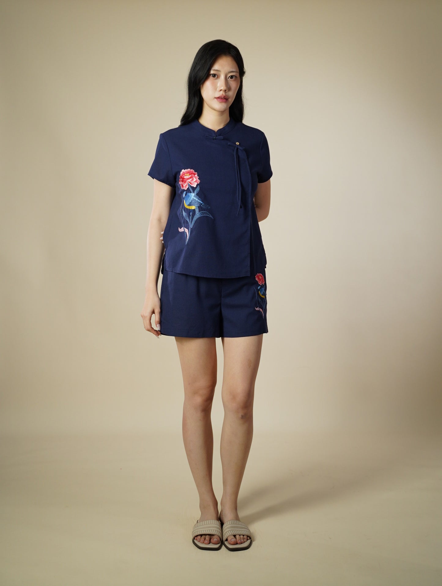 Embroidered Mandarin Collar Ribbon Short Sleeve Top