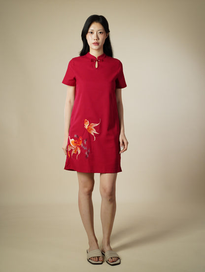 Embroidered Mandarin Collar Short Sleeve Short Dress