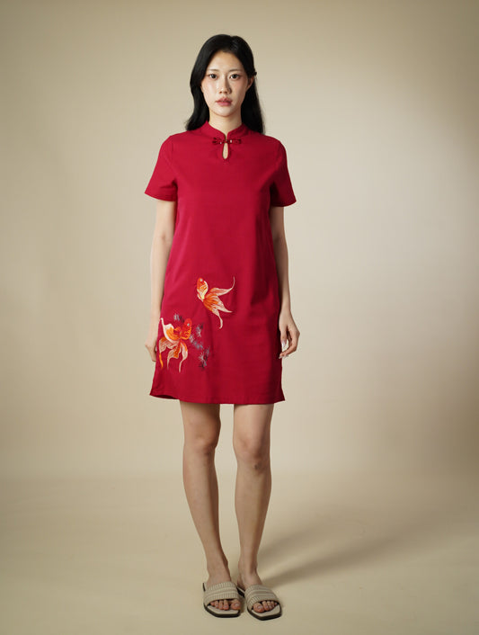 Embroidered Mandarin Collar Short Sleeve Short Dress