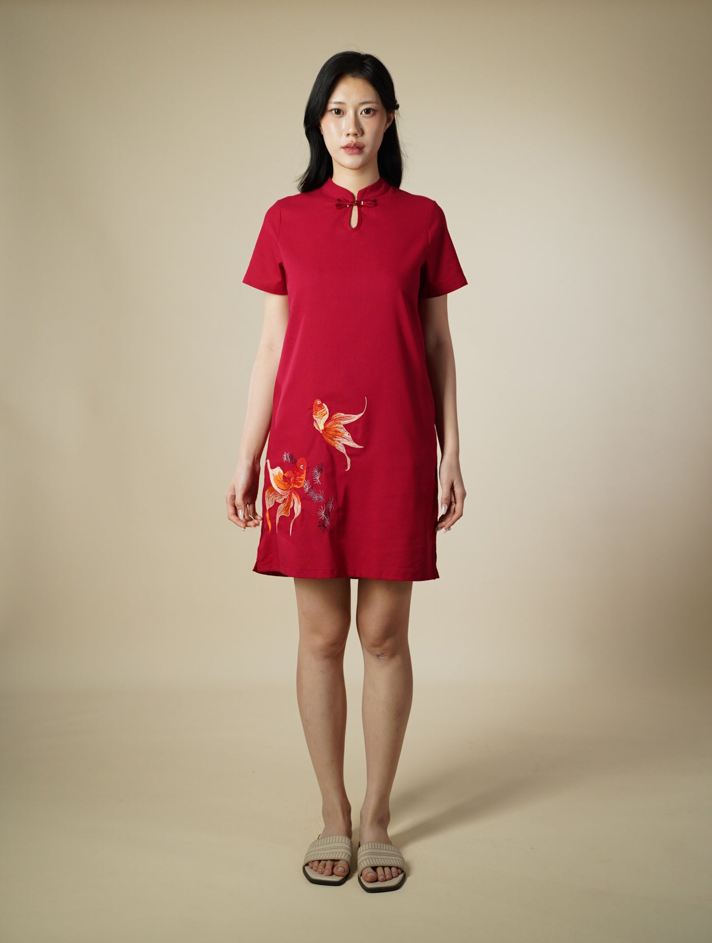 Embroidered Mandarin Collar Short Sleeve Short Dress