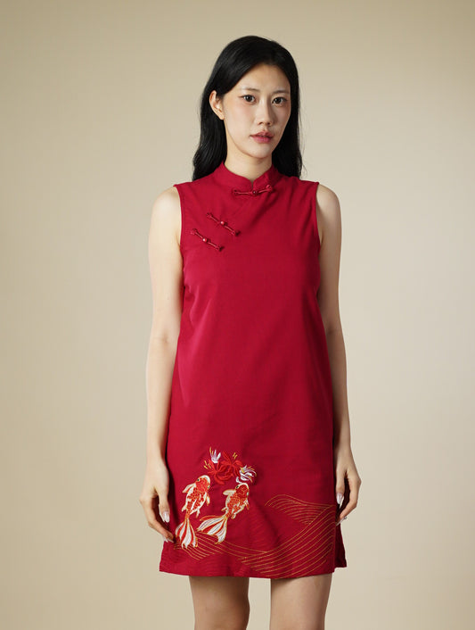 Embroidered Mandarin Collar Sleeveless Short Dress