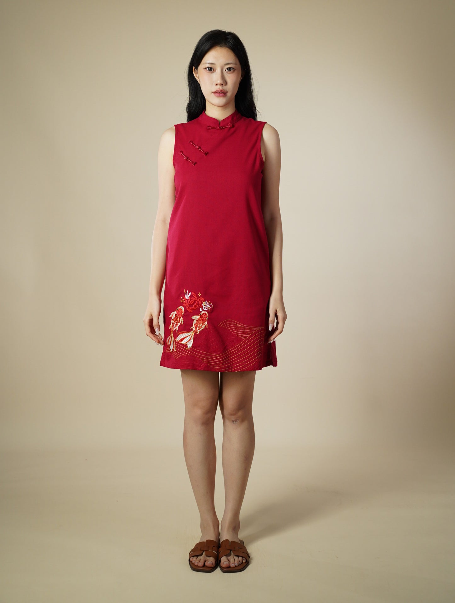 Embroidered Mandarin Collar Sleeveless Short Dress