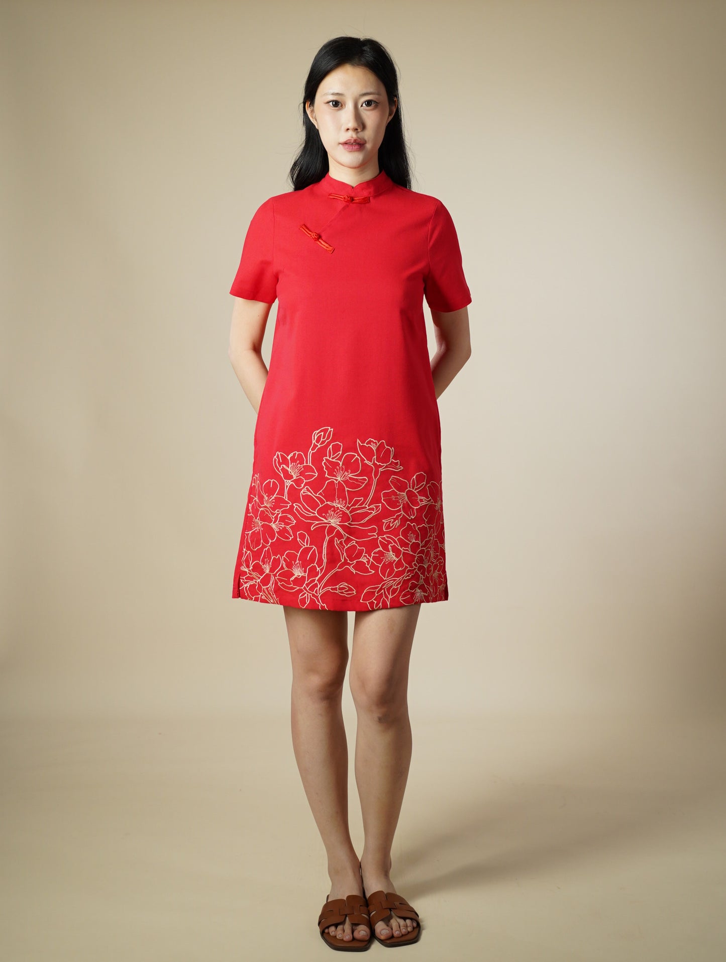 Embroidered Mandarin Collar Short Sleeve Short Dress