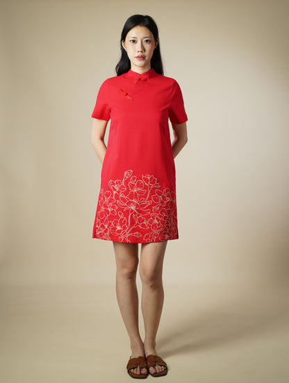 Embroidered Mandarin Collar Short Sleeve Short Dress