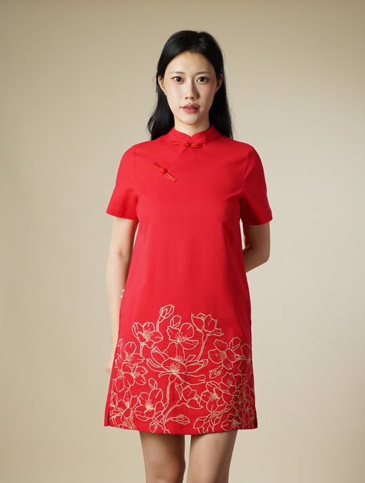 Embroidered Mandarin Collar Short Sleeve Short Dress