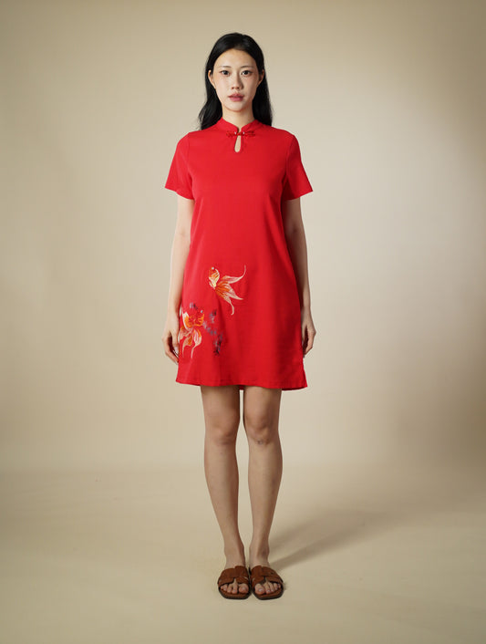 Embroidered Mandarin Collar Short Sleeve Short Dress