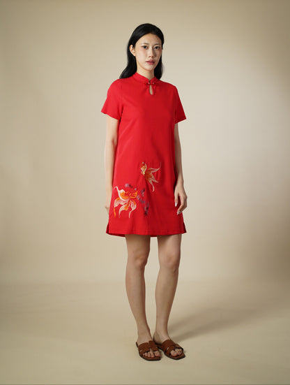 Embroidered Mandarin Collar Short Sleeve Short Dress