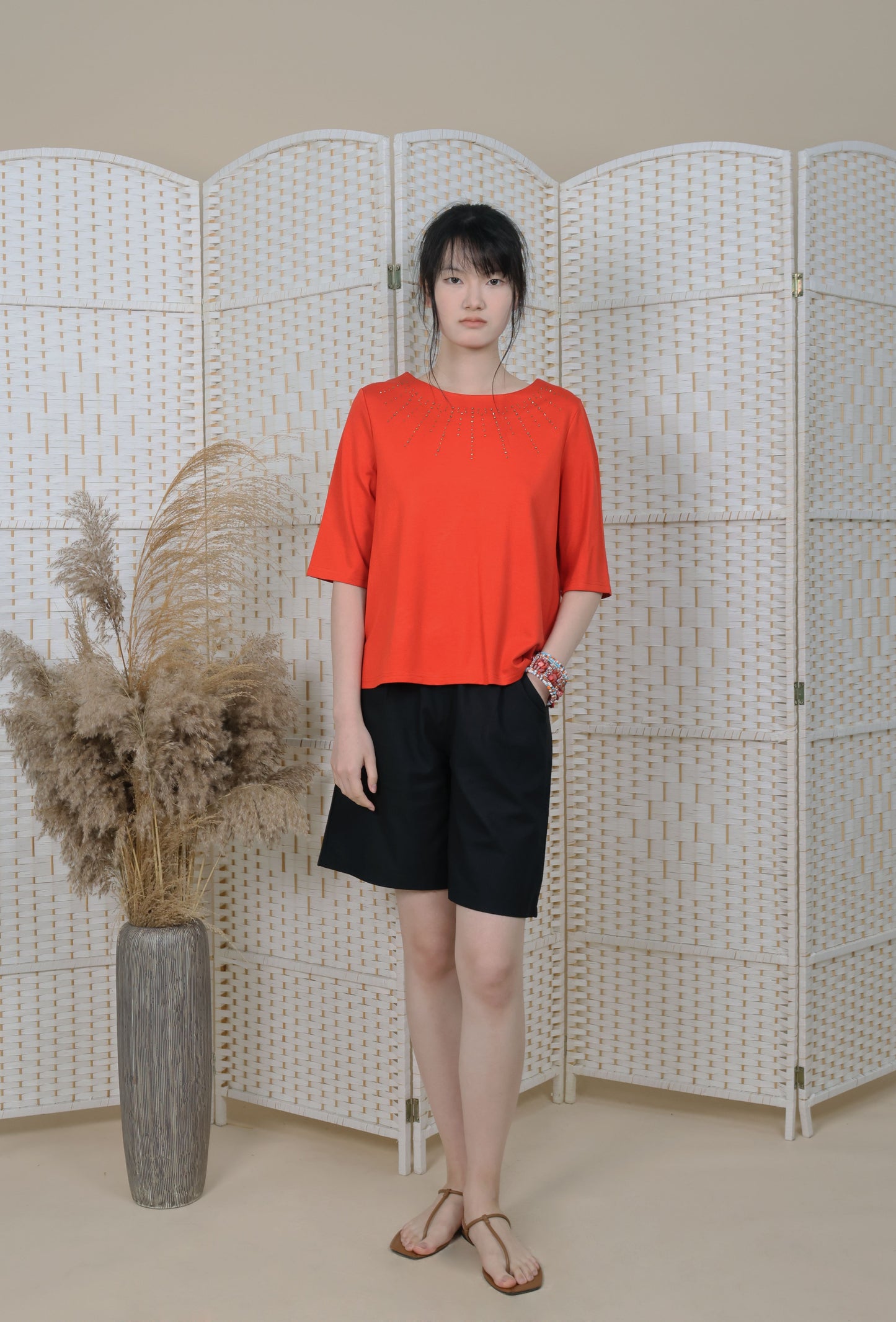 3/4 Sleeves Blouse With Iron On Crystal
