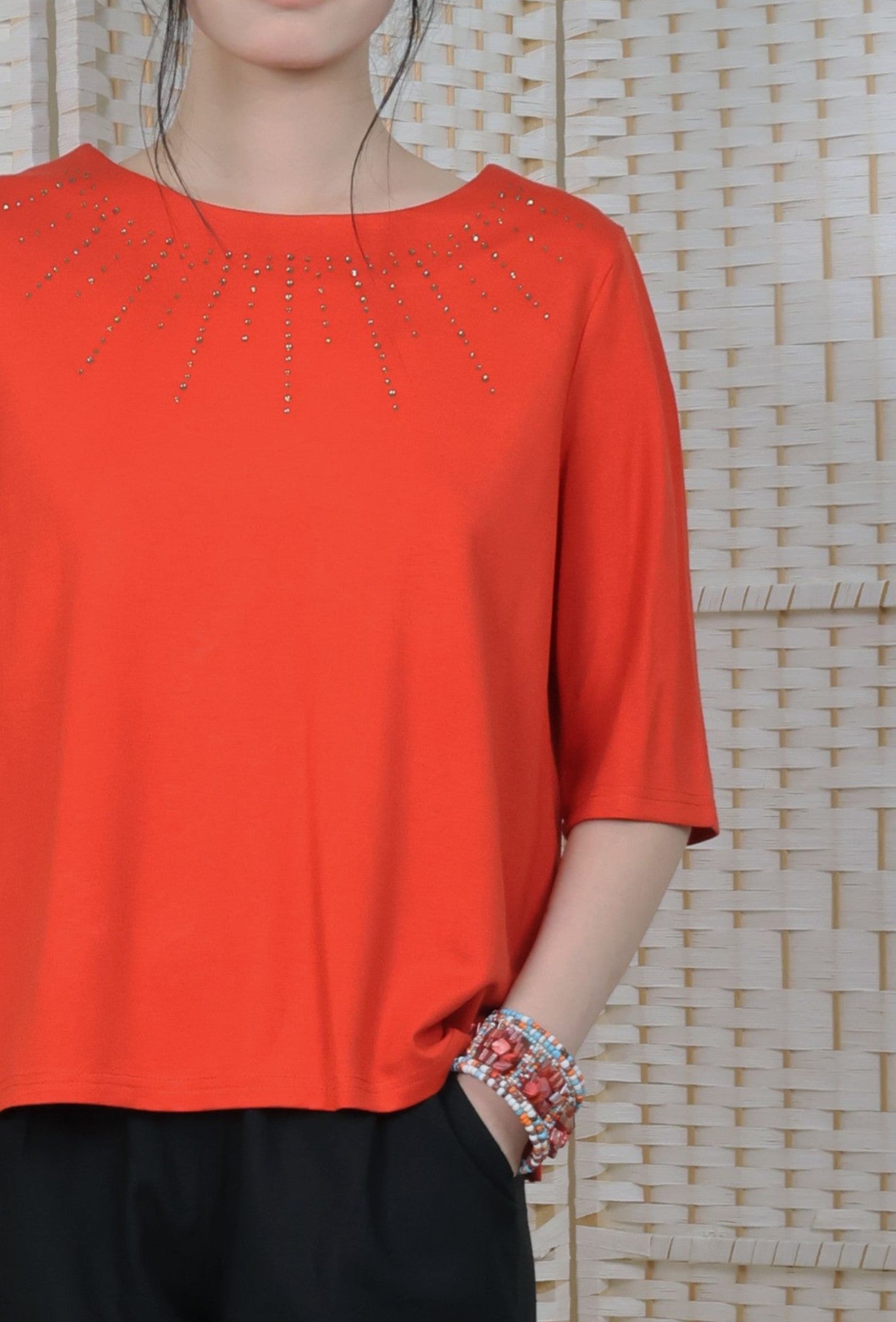 3/4 Sleeves Blouse With Iron On Crystal