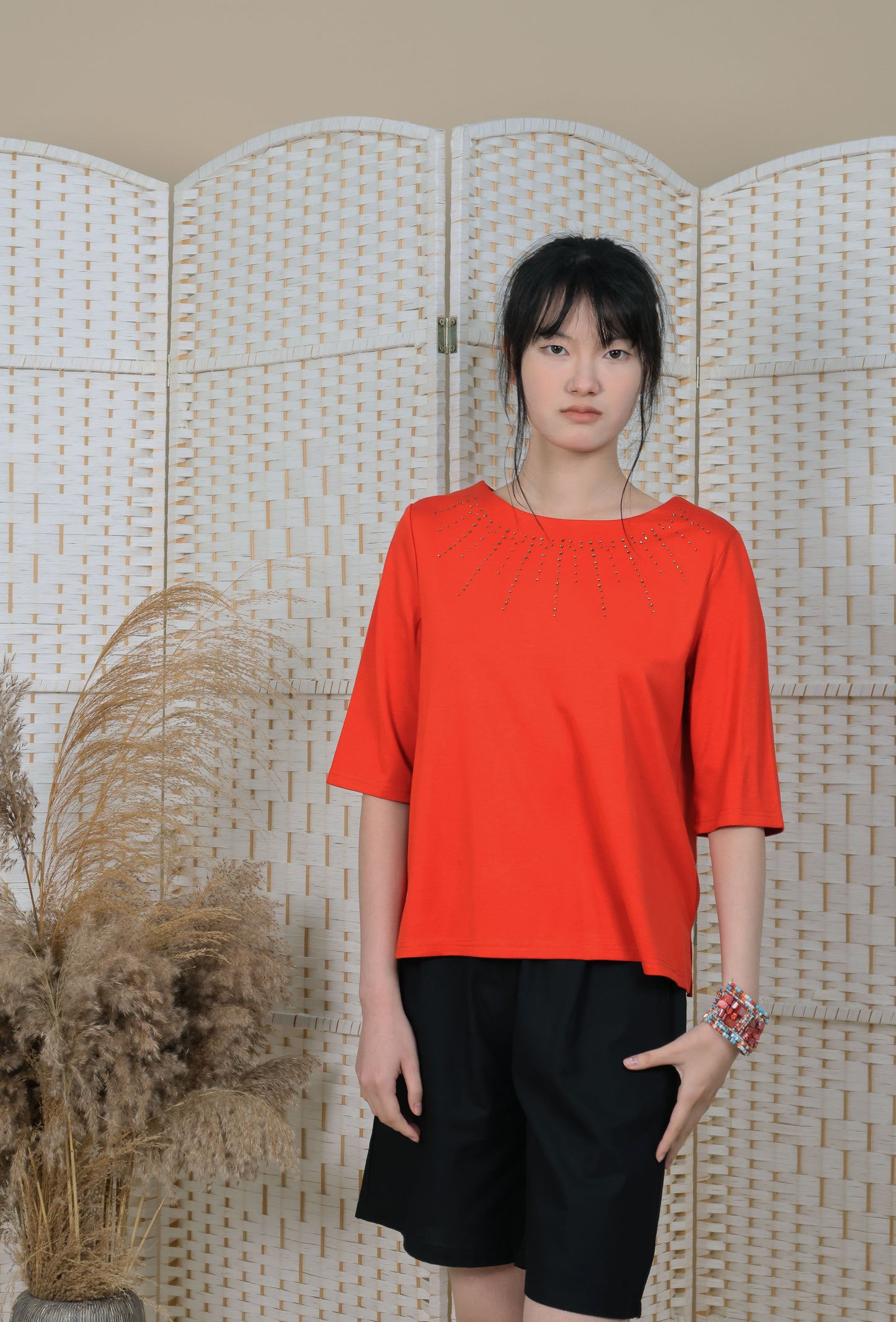 3/4 Sleeves Blouse With Iron On Crystal