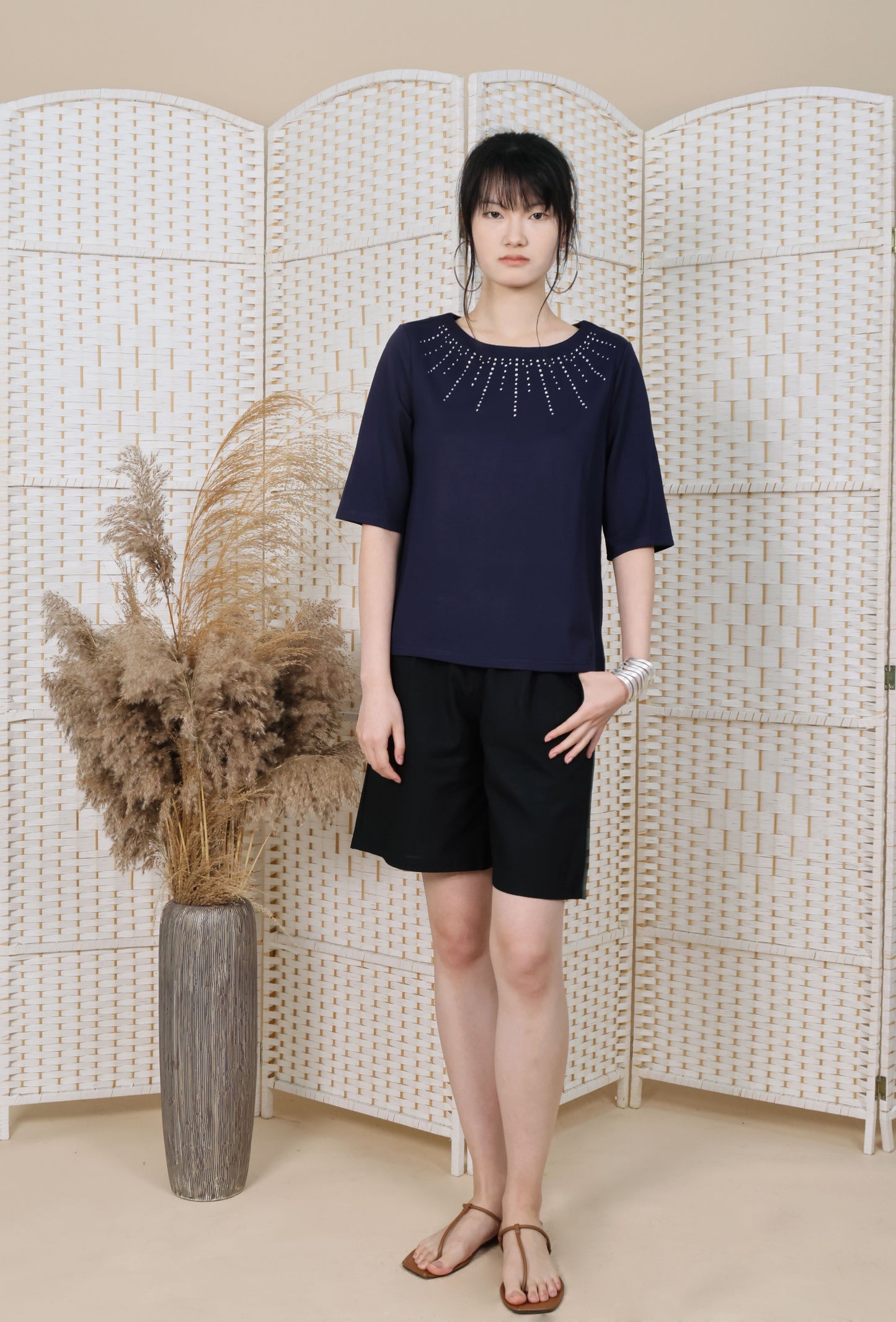 3/4 Sleeves Blouse With Iron On Crystal
