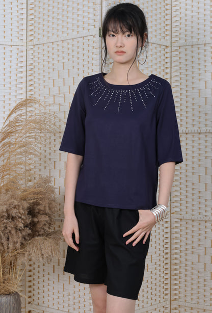 3/4 Sleeves Blouse With Iron On Crystal