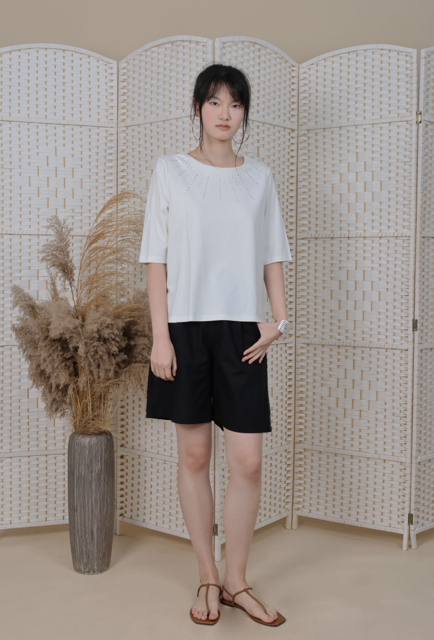 3/4 Sleeves Blouse With Iron On Crystal