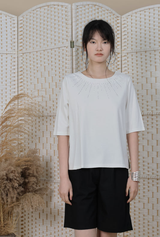 3/4 Sleeves Blouse With Iron On Crystal