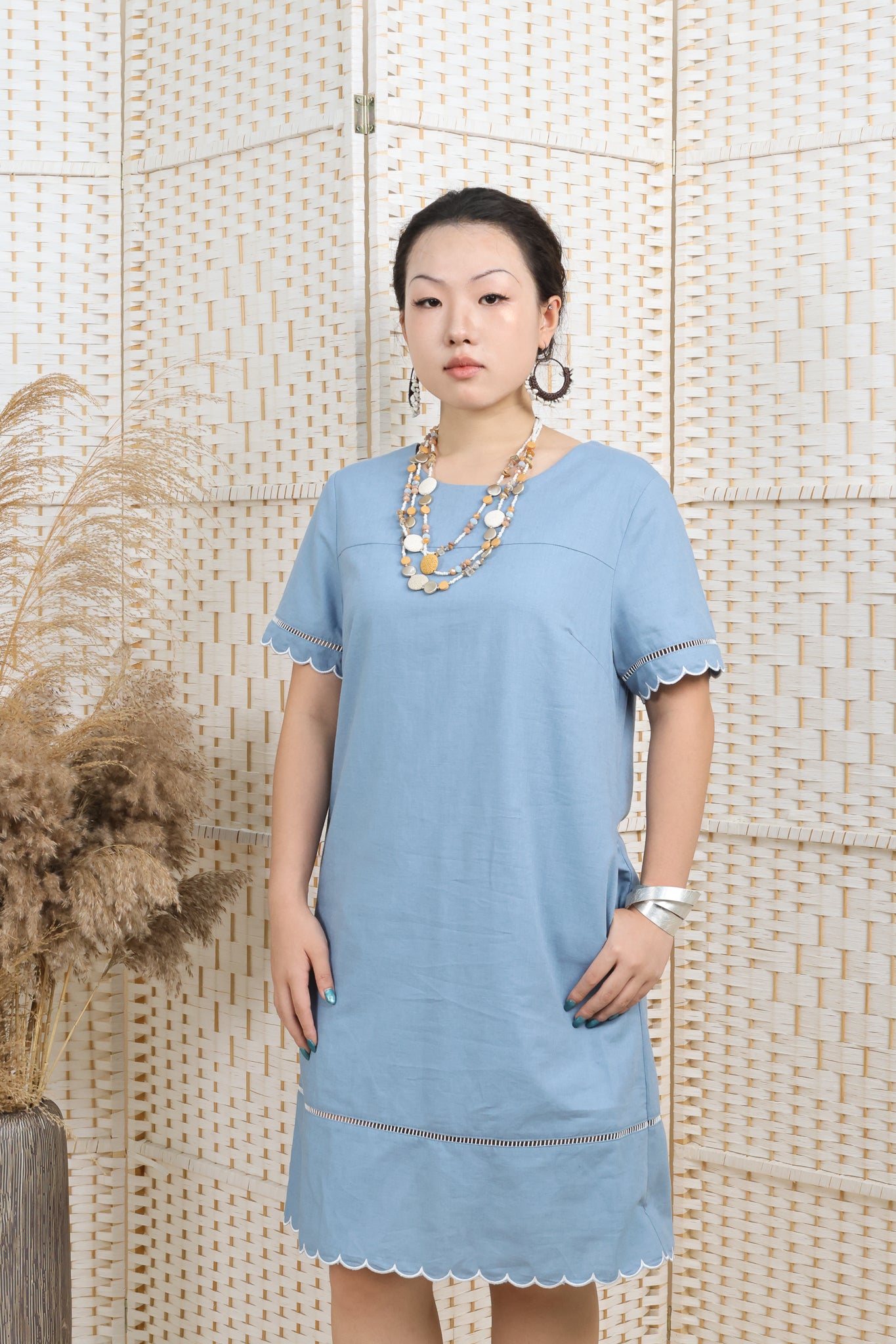 Linen Dress With Embroidery Hemline