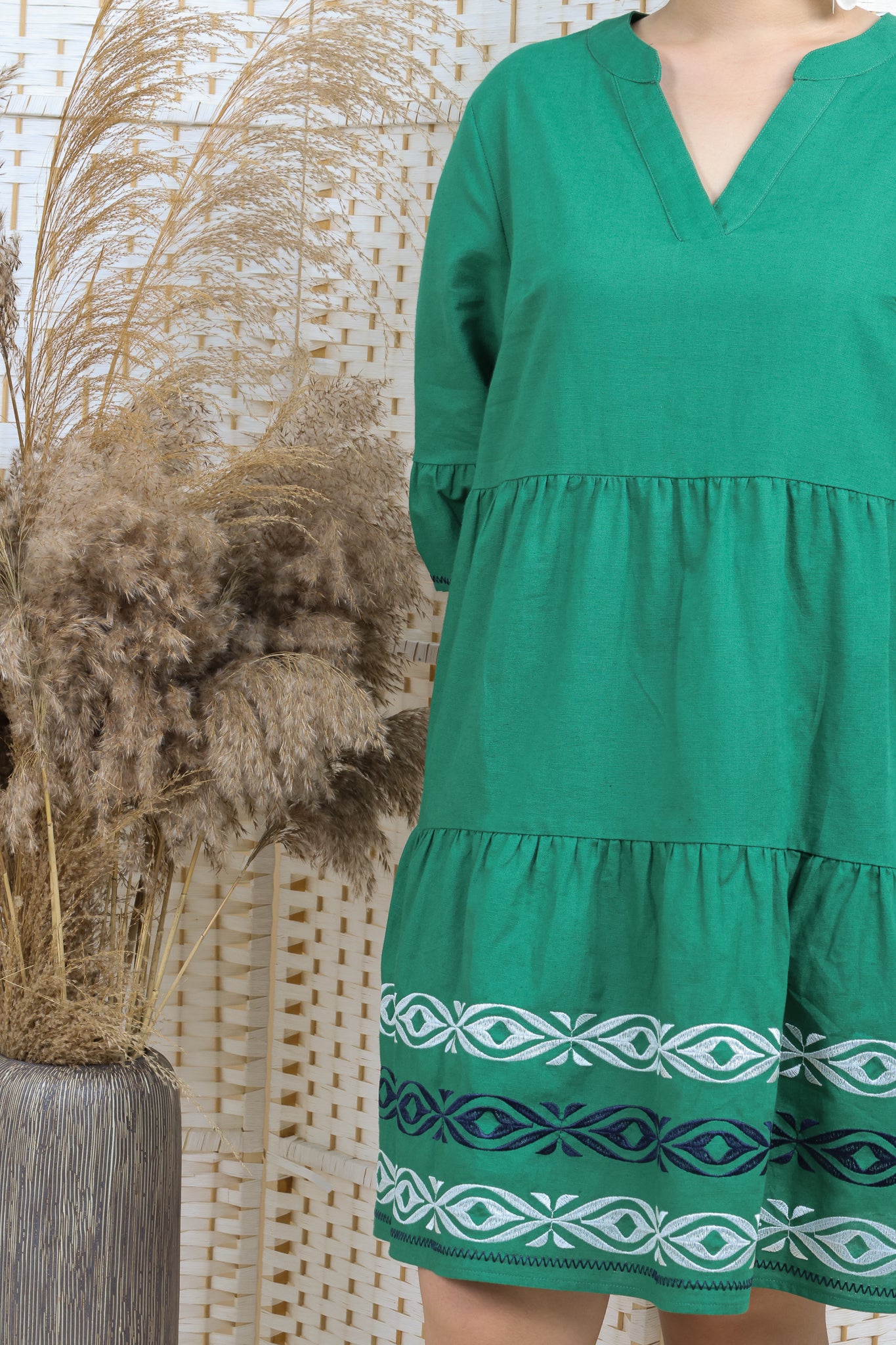 Embroidered Layered Linen Dress