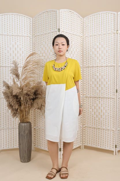 Contrast Fabric Overlapping Dress