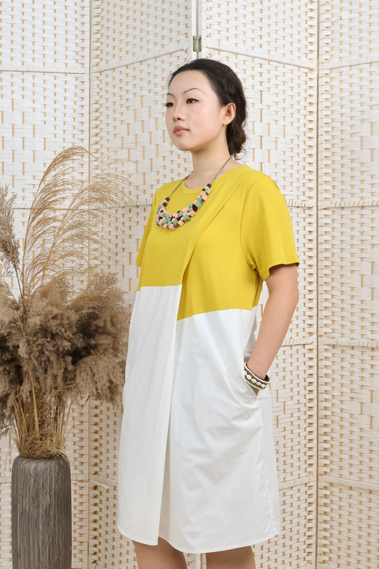 Contrast Fabric Overlapping Dress