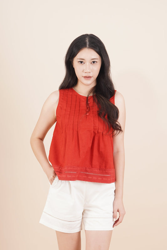 Button Pleated Sleeveless Top