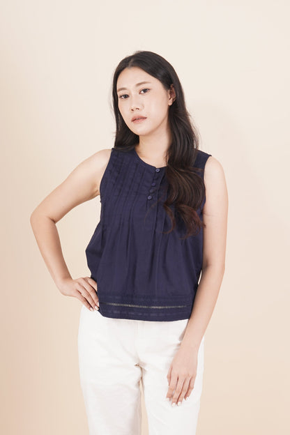 Button Pleated Sleeveless Top