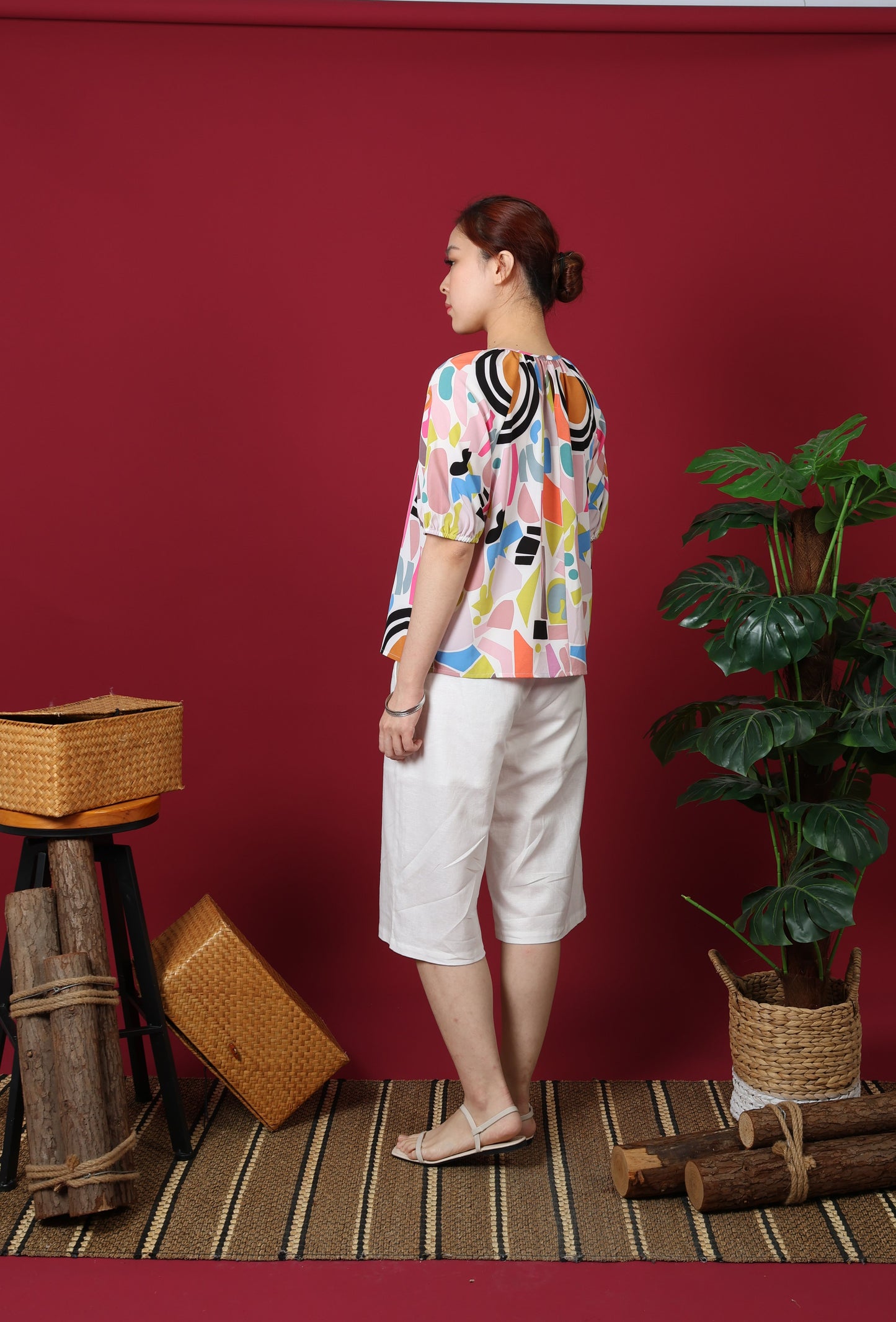 Printed Gathered Neckline Blouse