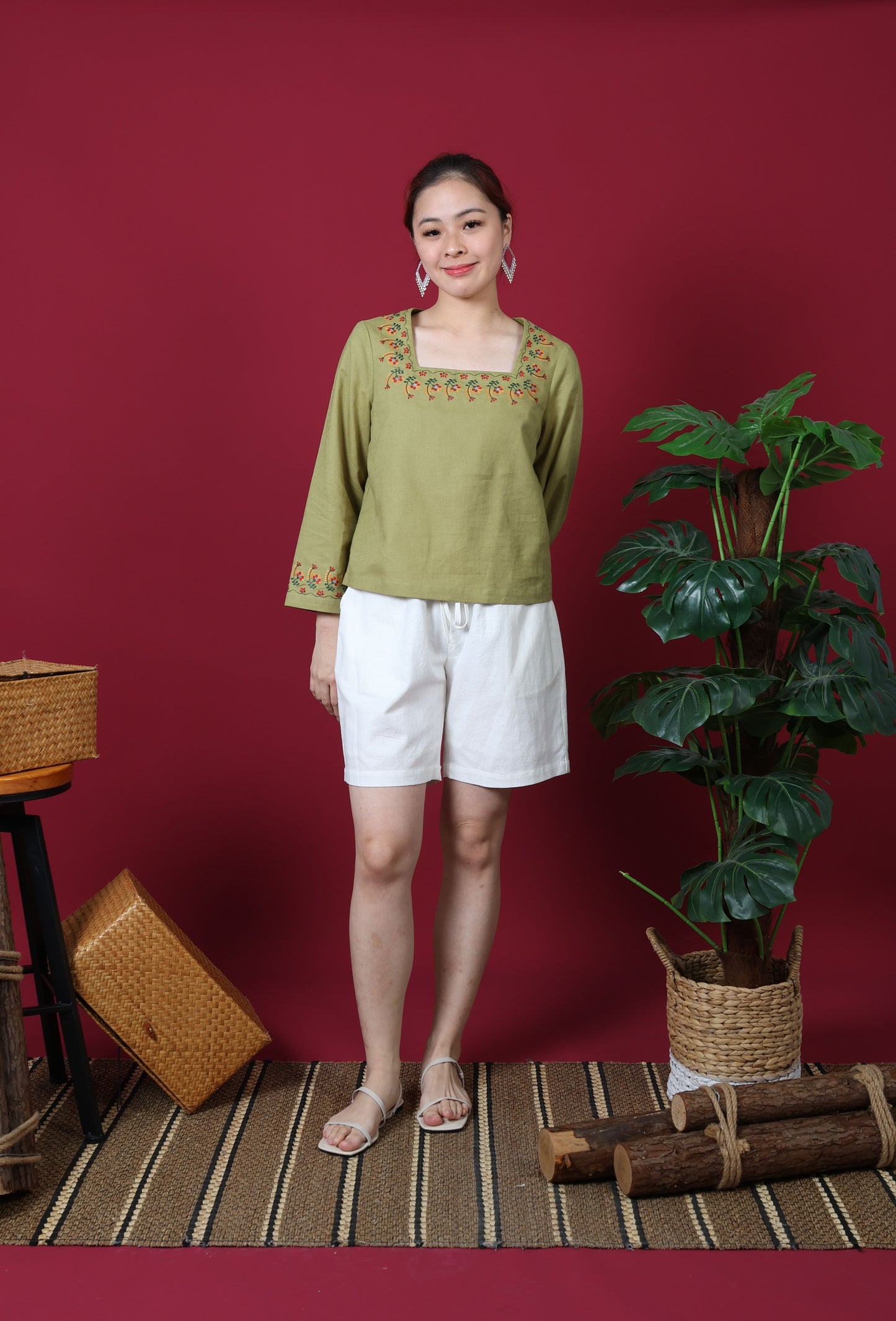 Square Neck Line With Floral Embroidery Long Sleeve Top