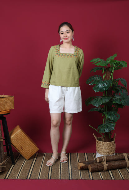 Square Neck Line With Floral Embroidery Long Sleeve Top