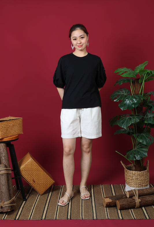 Round Neck With Patch Lace Puff Sleeve Top