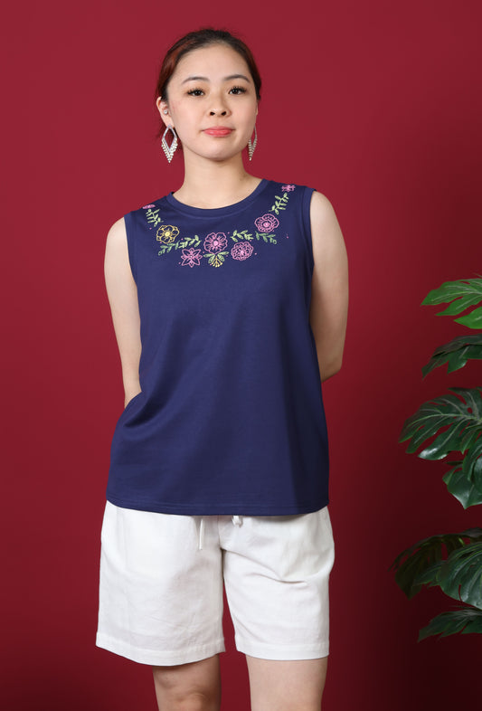 Neckline Floral Embroidery Sleeveless Top