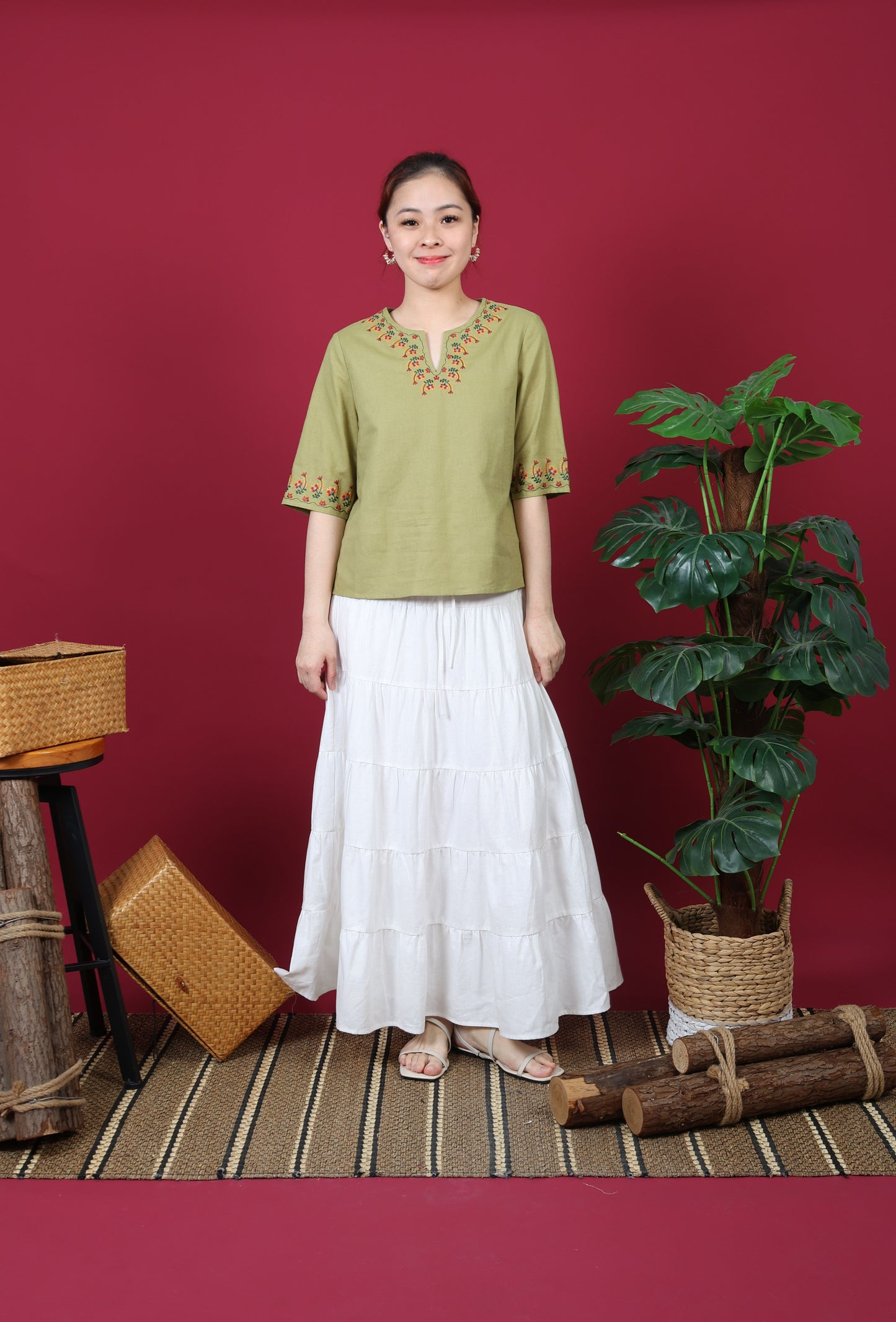 Boat Neck With Floral Embroidery 3/4 Sleeve Top