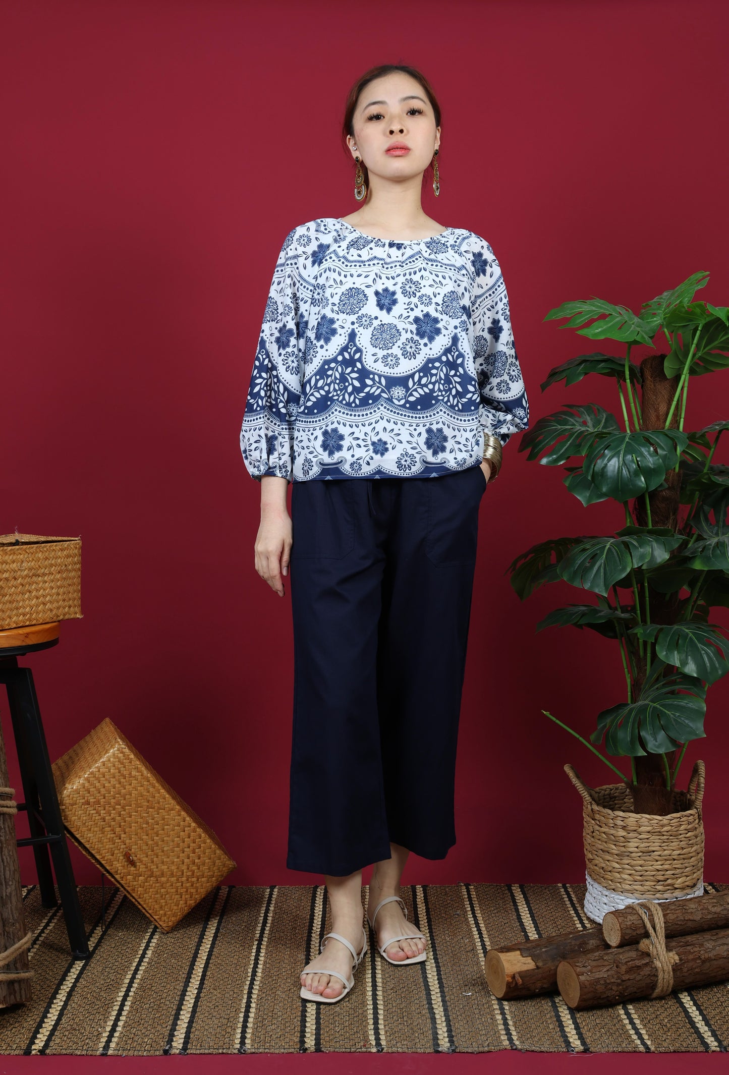Floral Printed Gathered Neckline Long Sleeve Top