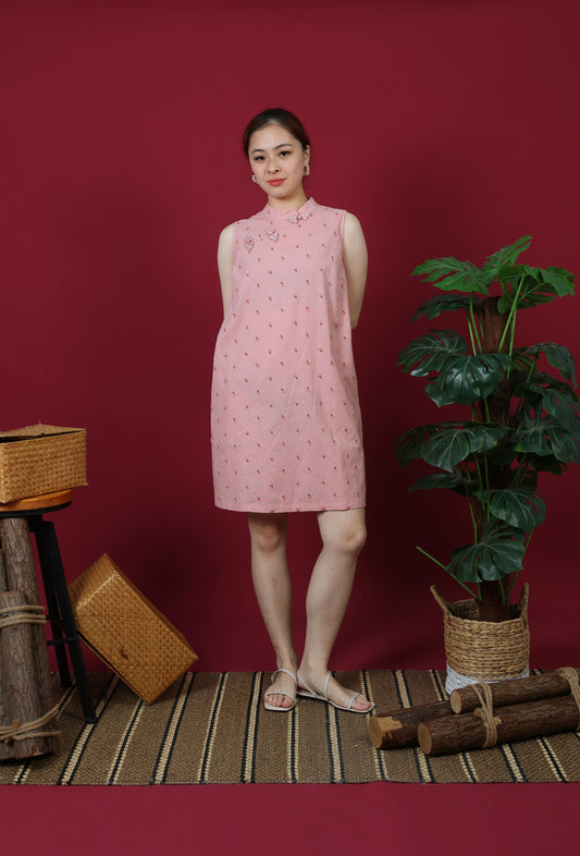 Floral Embroidered Mandarin Collar Mini Dress
