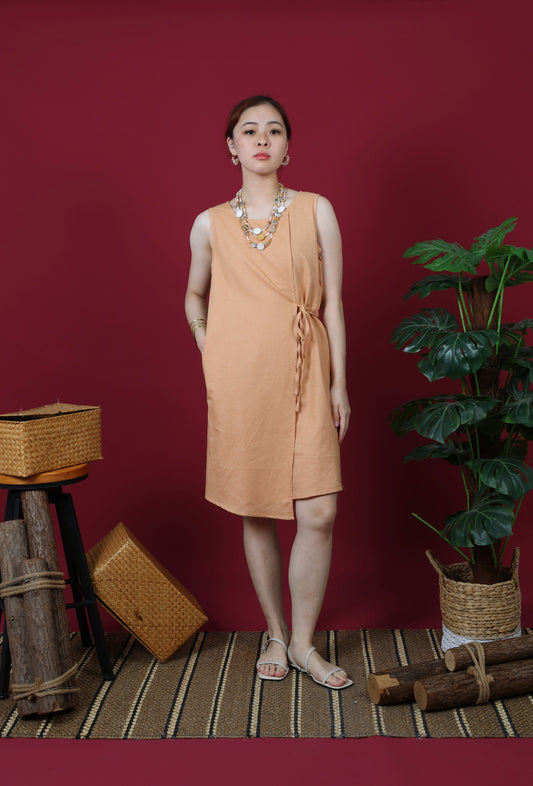 Round Neck With Front Tie Ribbon Sleeveless Dress