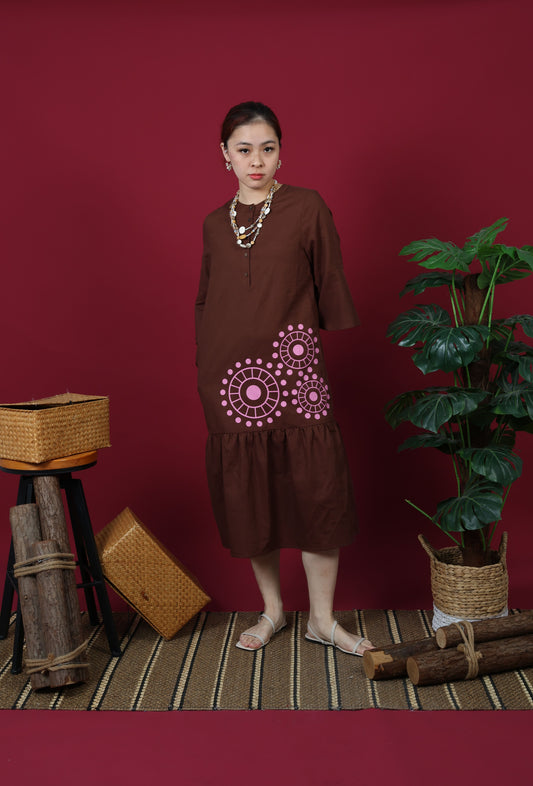 Mandarin Collar With Lace Print Slash Sleeve Dress