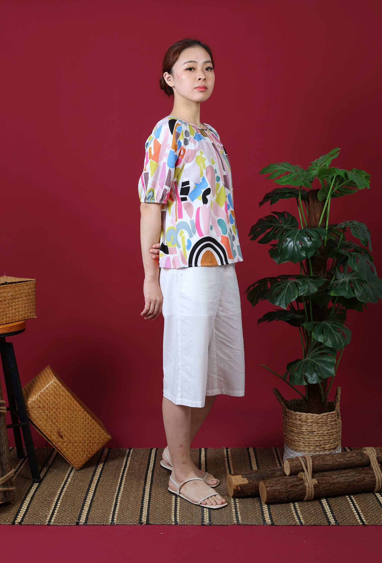 Printed Gathered Neckline Blouse