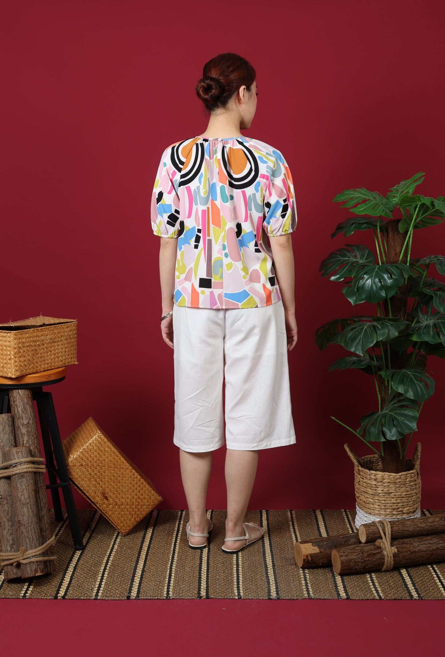 Printed Gathered Neckline Blouse