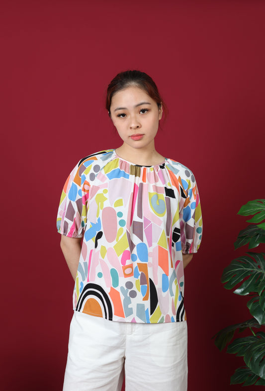 Printed Gathered Neckline Blouse