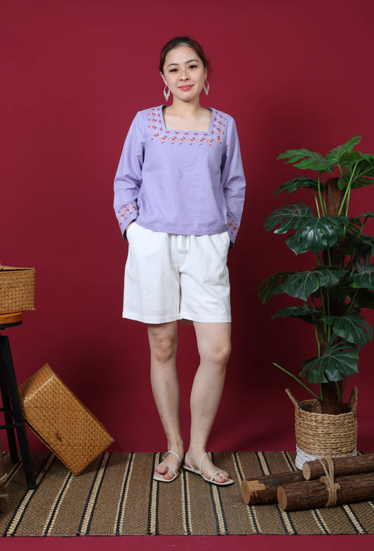 Square Neck Line With Floral Embroidery Long Sleeve Top