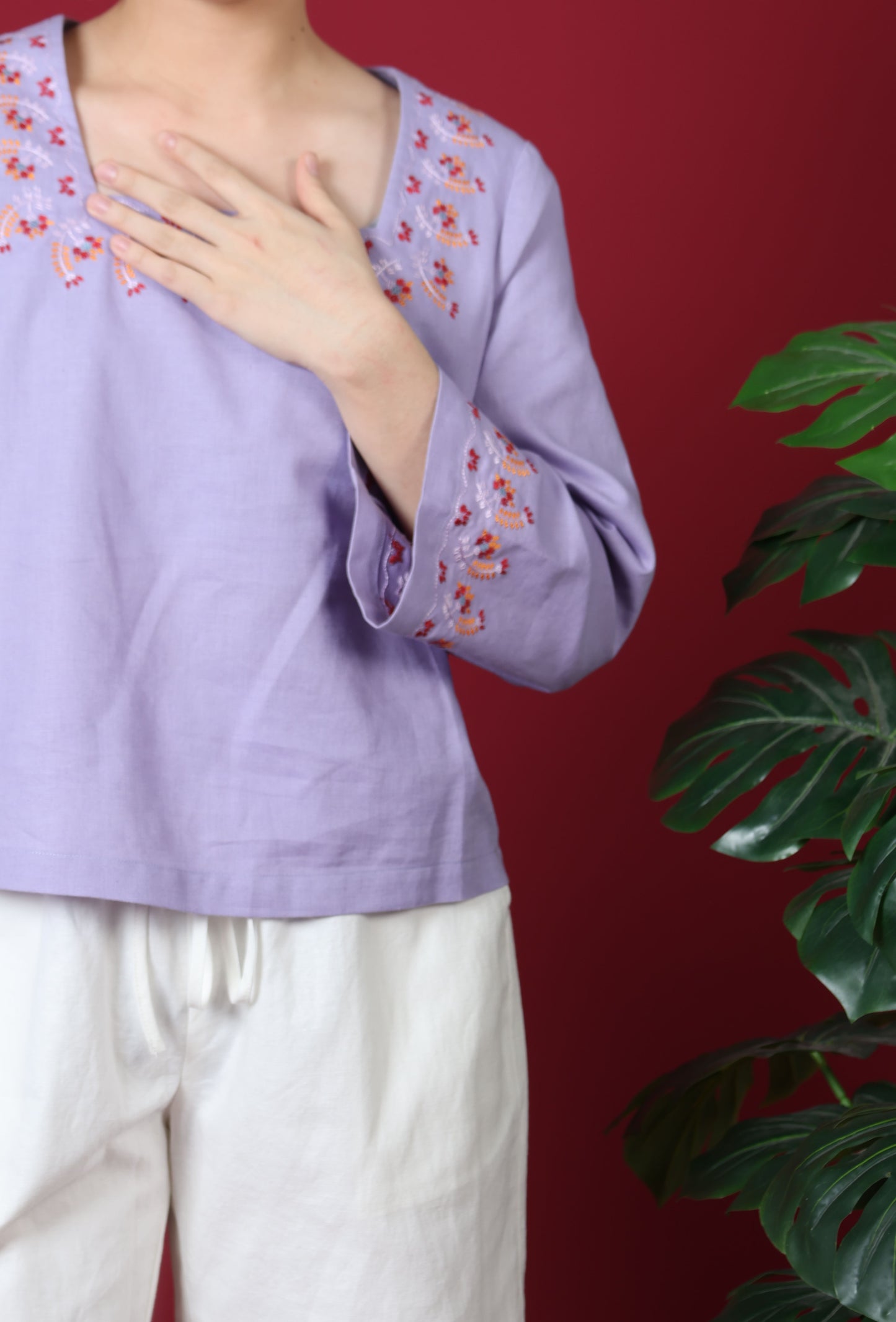 Square Neck Line With Floral Embroidery Long Sleeve Top