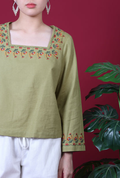 Square Neck Line With Floral Embroidery Long Sleeve Top
