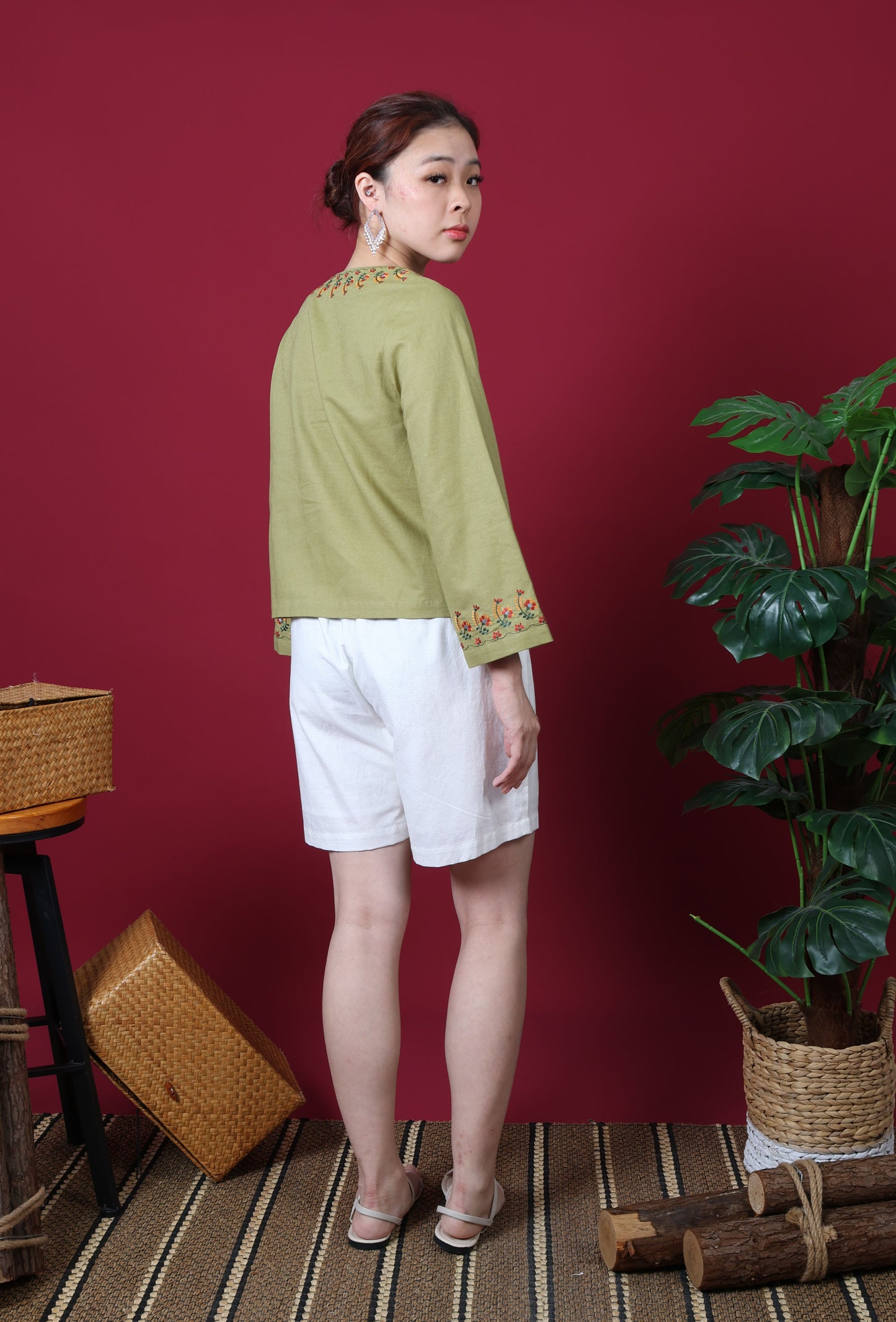 Square Neck Line With Floral Embroidery Long Sleeve Top