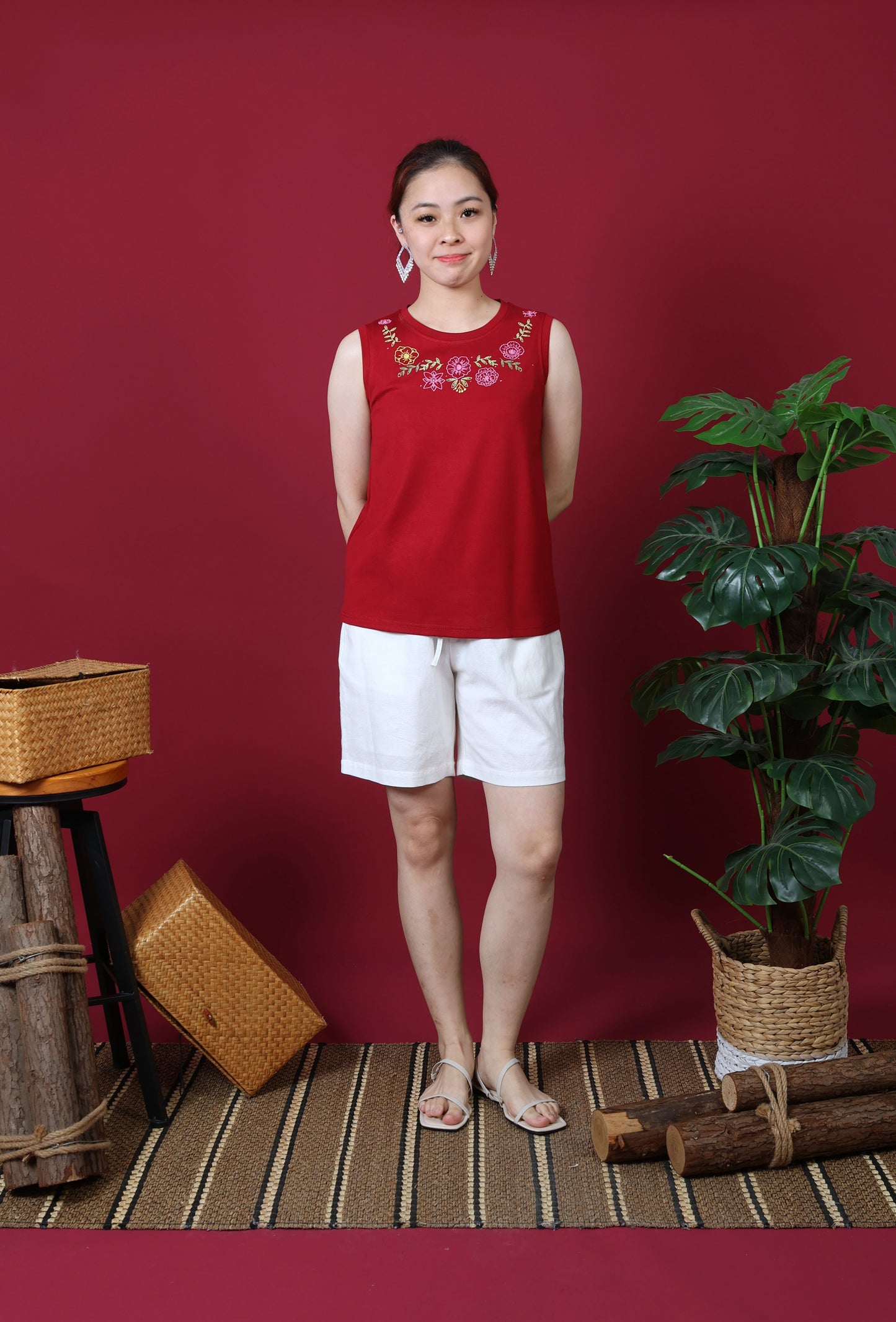 Neckline Floral Embroidery Sleeveless Top