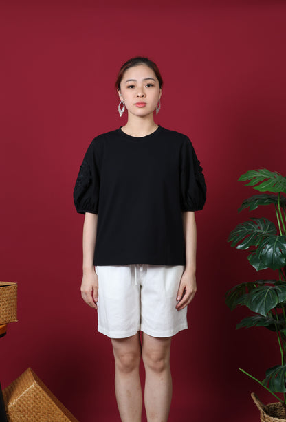 Round Neck With Patch Lace Puff Sleeve Top