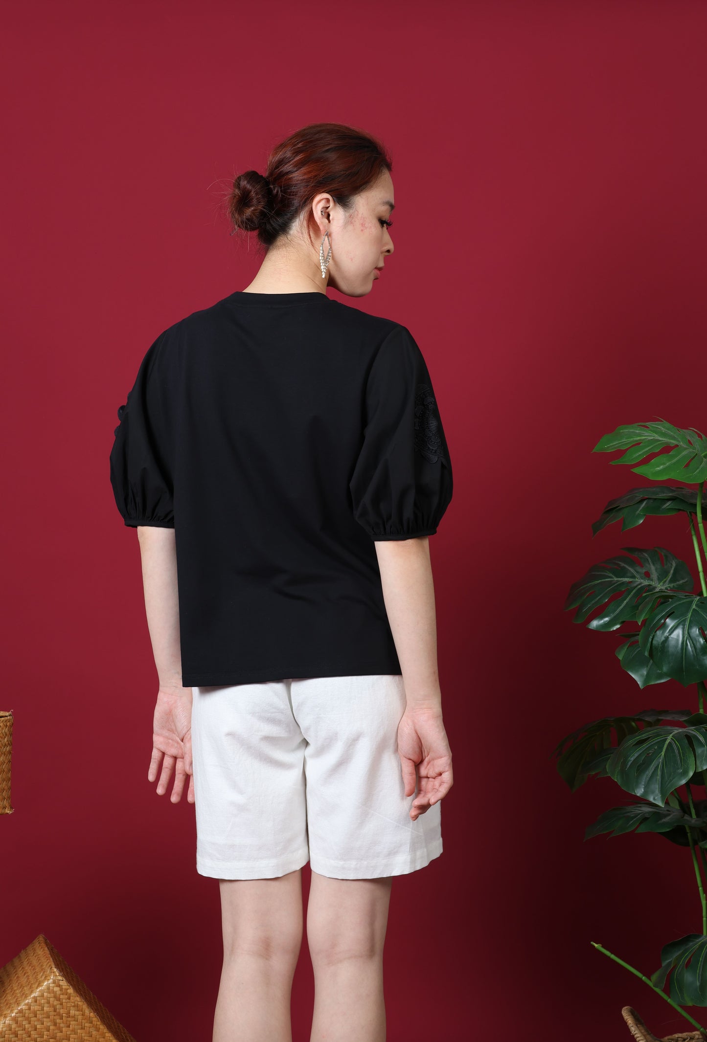 Round Neck With Patch Lace Puff Sleeve Top